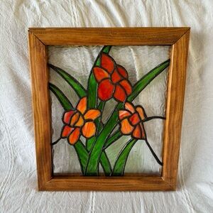 Vintage Stained Glass Floral Art Panel in Wooden Frame Orange Flowers